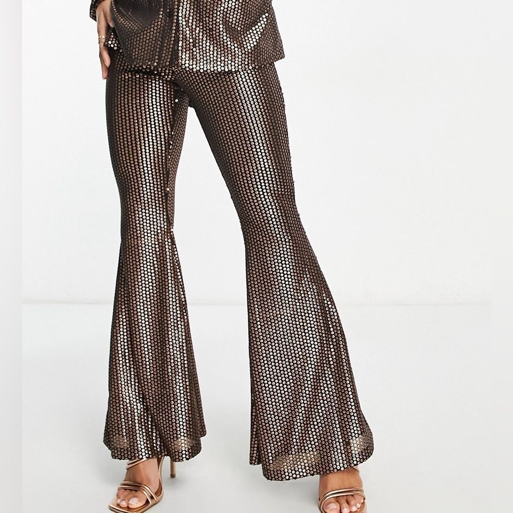 NWT ASOS Glamorous Petite High Rise Flare Pants Matte Brown Sequin US 12 Petite
